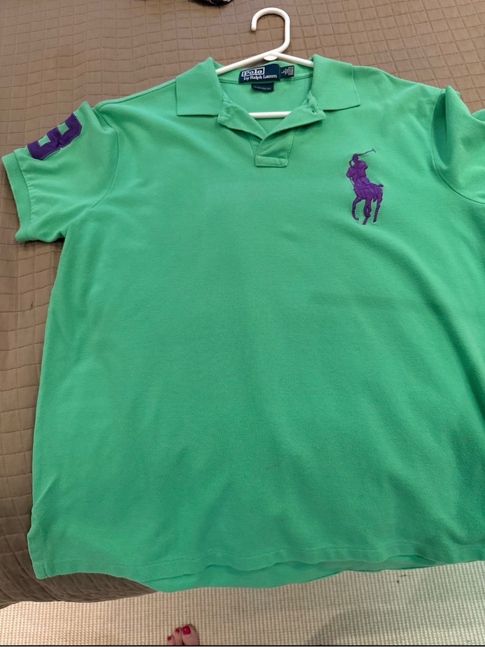 Ralph Lauren Green Polo Shirt with Purple Logo and Sleeve Patch